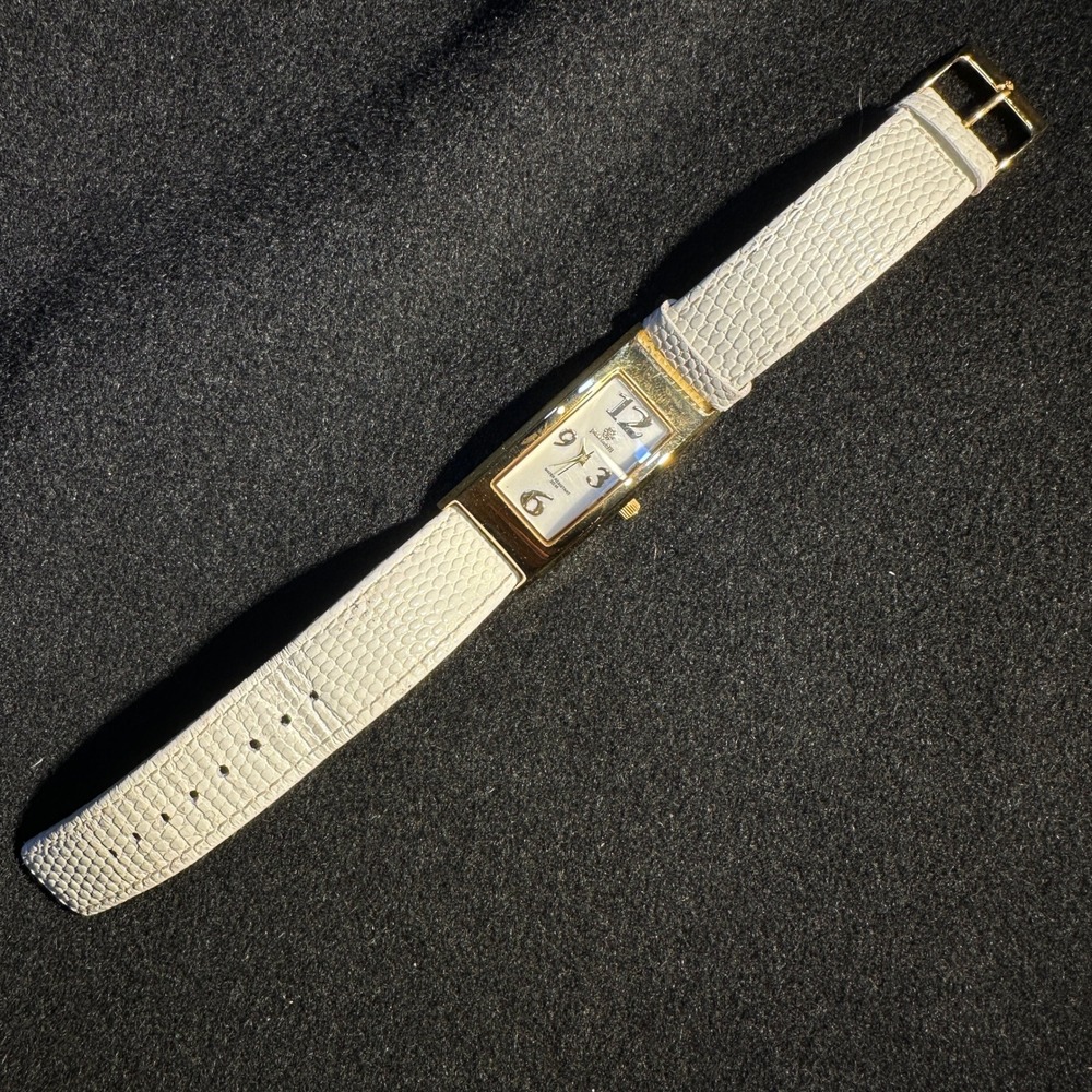Pastorelli Womens Gold Rectangular Tank Watch White Textured Leather Strap